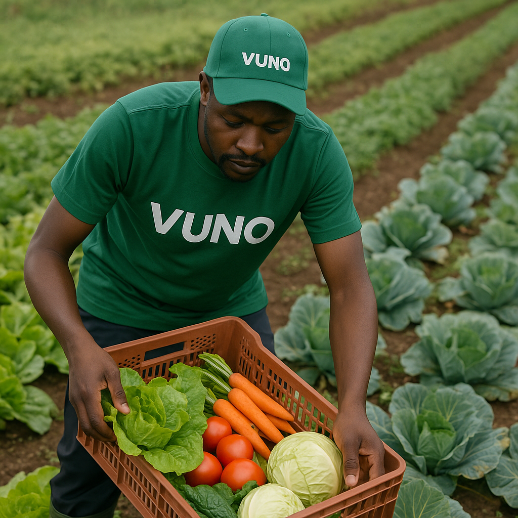 Man wearing green t-shirt with vuno branding, collecting fruits and vegetables from a farm