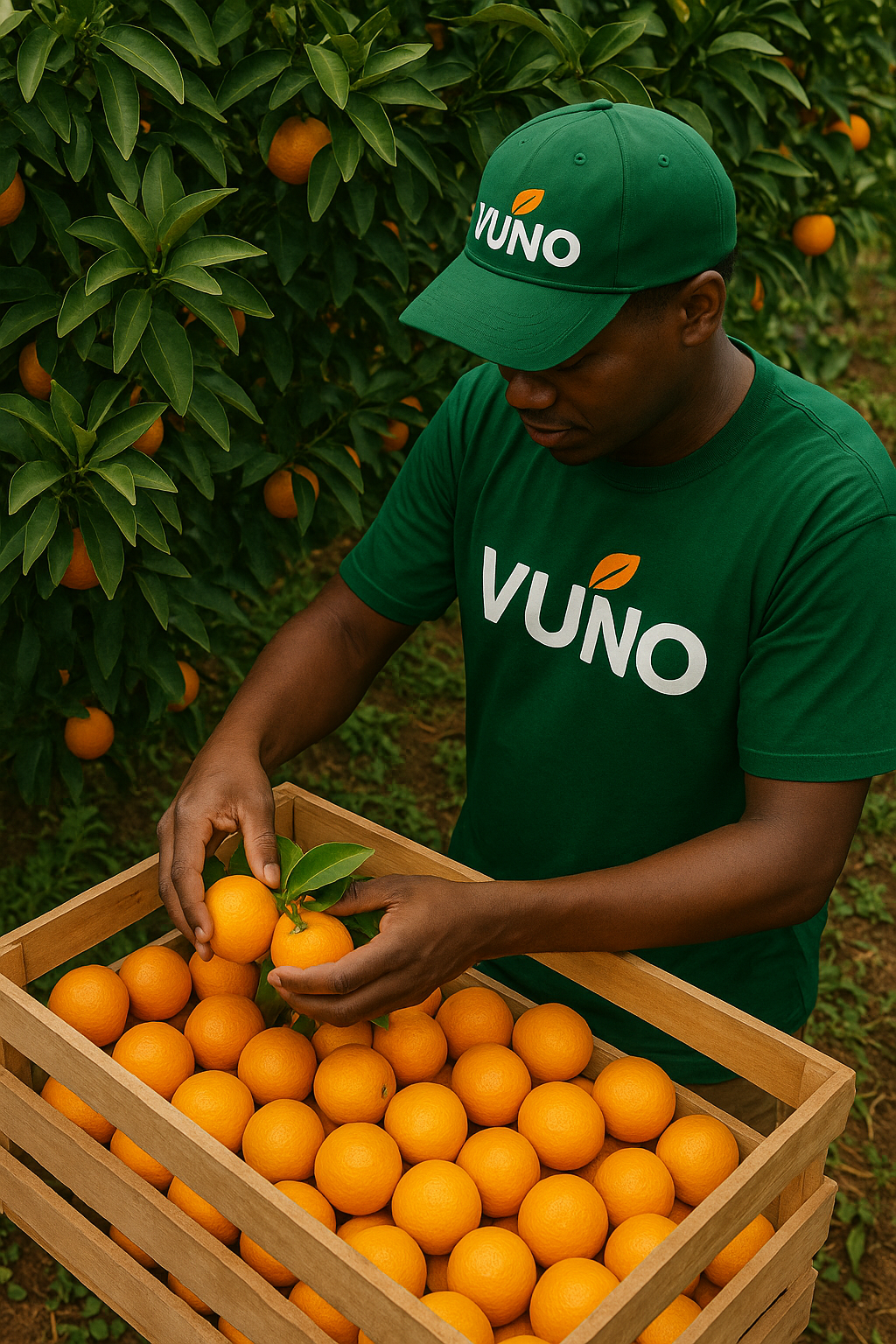 Man with green t-shirt and cap, branded vuno is picking oranges in a farm, placing them into a crate