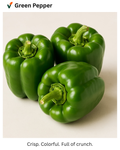 Three green peppers on a beige background with text indicating their qualities.