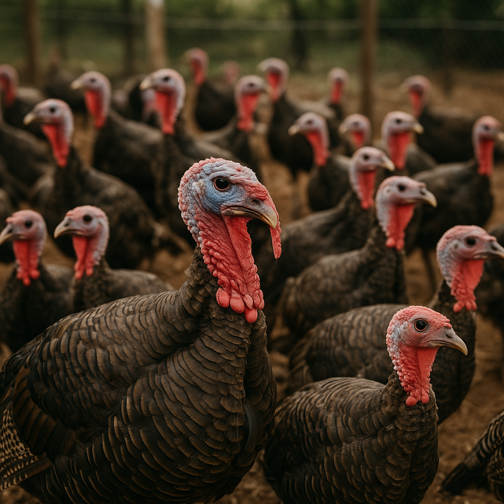 Group of turkeys with prominent red faces in a pen.