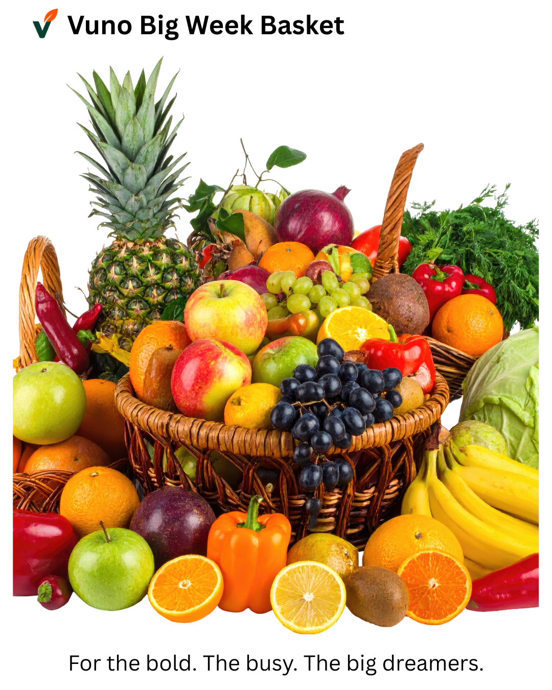 Basket of fruits and vegetables with a pineapple, apples, oranges, and other items, labeled 'Vuno Big Week Basket'.