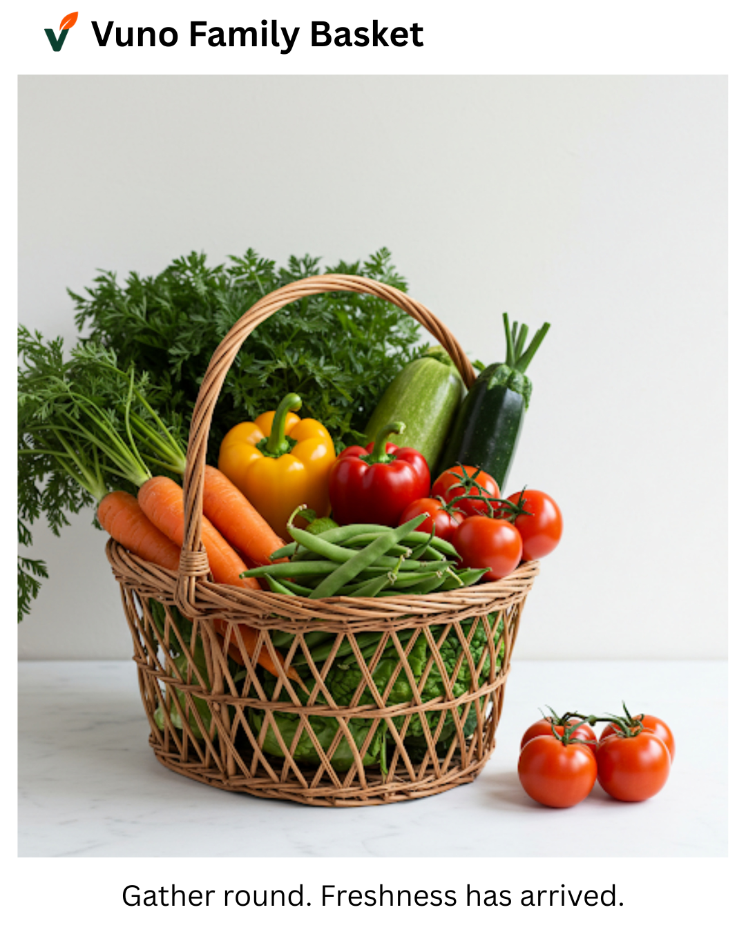 Wicker basket filled with fresh vegetables on a white background, featuring the Vuno Family Basket logo.