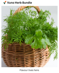 Herbs in a woven basket with 'Vuno Herb Bundle' branding.